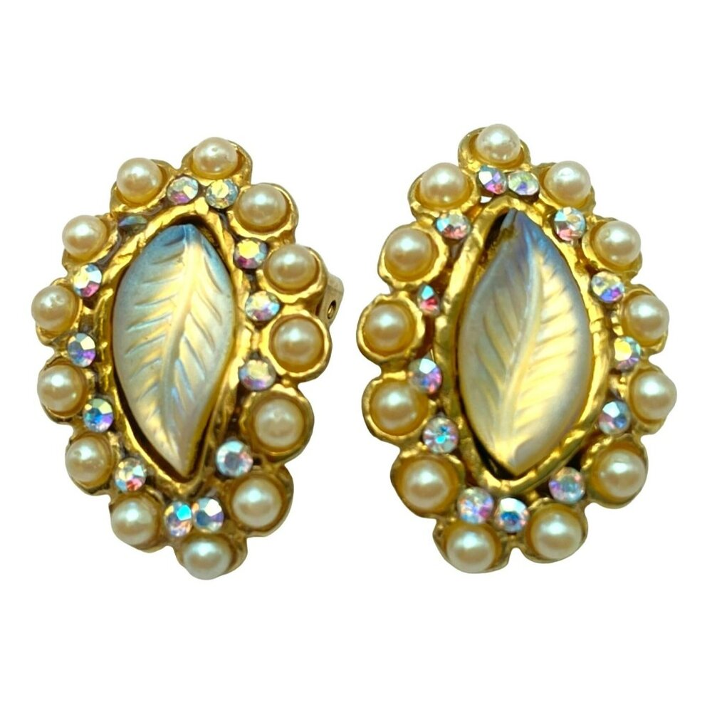 Vintage Leaf Earrings Faux Pearls & Gold Glass Opalescent Rhinestone 50's Clip